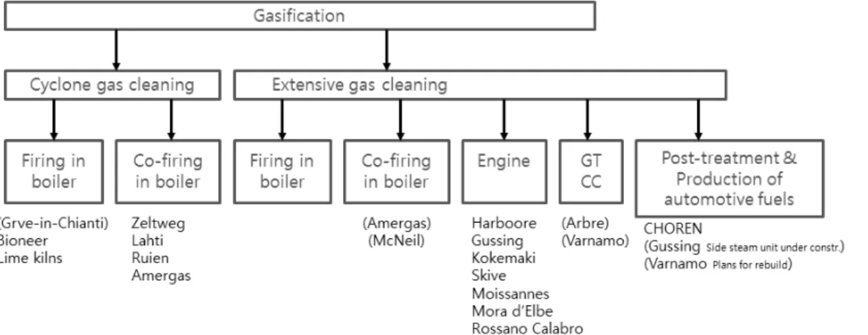 Figure 6. Different end uses for biomass gasification and examples of plants (Source: Thermal Biomass Conversion, A