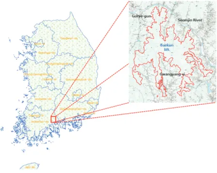 Figure  1.  Location  map  of  study  area  in  Baekun  Mt. 가진 온량지수 기준으로는 난대림에 속하며,  온대기후 중  남해안 기후의 환경을 가지고 있다(Park,  2011)