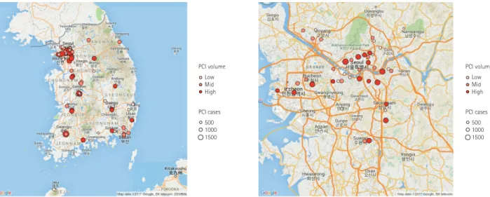 Fig. 1. Geographic distribution of PCI facilities participating in the K-PCI registry