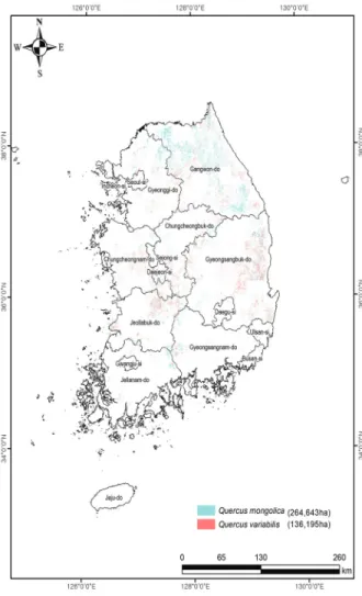 Figure 1. Spatial distribution of Q. mongolica and  Q. variabilis among Oak trees in Korea.