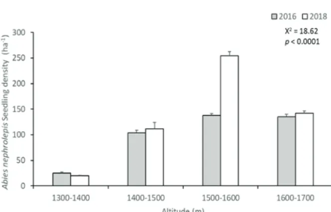 Figure 2. Dynamics of Abies nephrolepis seedling density  according to the altitudinal gradients.