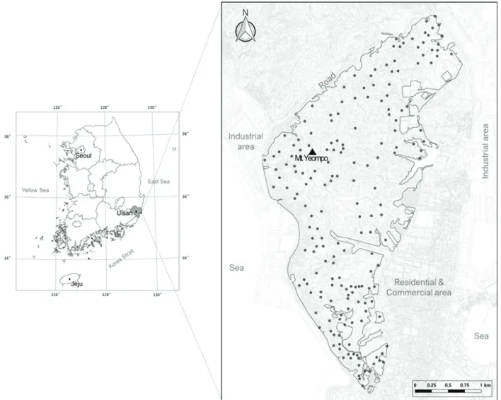 Figure 1. Location of the study site and field sample plots (black dots).