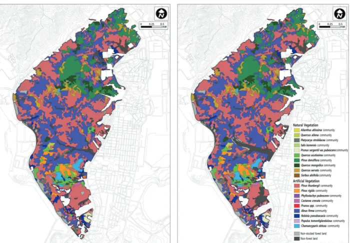 Figure 5. A detailed vegetation physiognomic map of Mt. Yeompo (left 2000, right 2018)