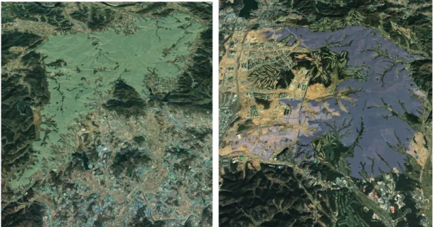 Figure 6. Bird eye views of the largest forest land patch of Paju-si (left) and Hwaseong-si (right).