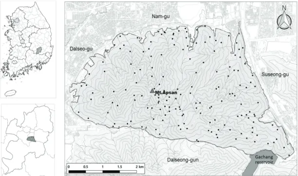 Figure 1. Location of the study site and field sample plots (black dots).