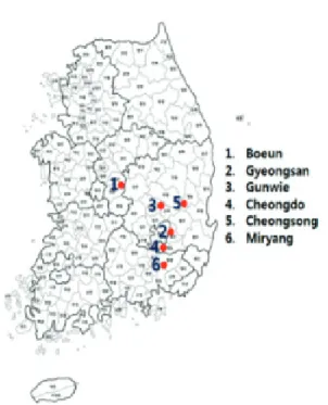 Figure 1. Map showing the major jujube producing  cities in Korea where jujube samples were collected.