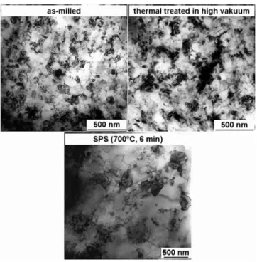 Fig. 1.  TEM micrographs of Ti/HS after milling, high  vacuum thermal treatment and SPS