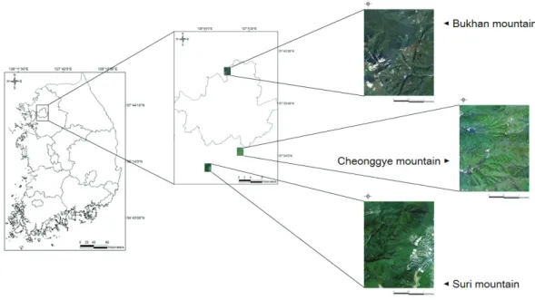 Figure 1. Map of study areas.서  론우리나라에서  처음  발견된  참나무시들음병은  일본의 참나무시들음병과  비슷한  증상으로  대경목의  참나무가 한여름에 일시적으로 말라죽는 현상을 말한다