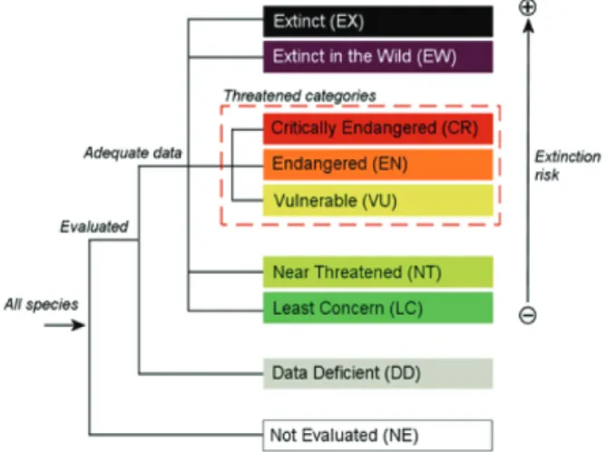Figure 1. Structure of IUCN red list categories.제기하면서 향후 국내 종보전 및 관리에 적용할 수 있는 대안과 구체적 기준을 제시하고자 한다.재료 및 방법적색목록 정보:  한반도에 분포하는 관속식물종 중 적색목록 등록에 필요한 자료를 보유한 33  종을 대상으로 IUCN SSC에서  제공하는  Species Information System (SIS)을 이용하여 정보를 입력하였다
