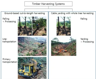 Figure 2. Overview of timber harvesting process with a excavator and swing-yarder in Korea.