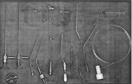 Fig. 1. Photograph showing instruments required for the posterior endoscopic laser photocoagulation, these include：0° and 30°  4mm telescope, endoscope eye safety filter cap, nasal speculum, suction  ti-ps, bayonet forceti-ps, monocle plastic safety glasse