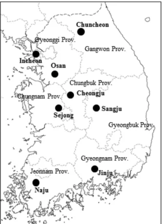 Figure 1. Location(in bold) of sampled ginkgo trees in Korea.