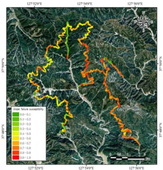 Figure 2. Prediction distribution of slope failures susceptibility in forest road.