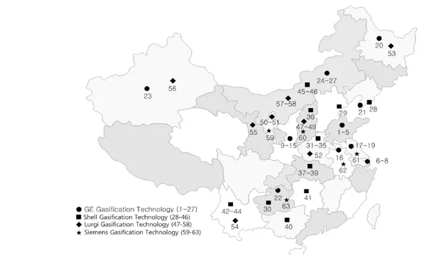 Figure 1.   중국의 주요 해외 가스화 기술 적용 현황. Siemens 사며, 이들 주요 업체의 지역별 석탄 가스 화 기술 분포는 Figure 1에 나타내었다[4]
