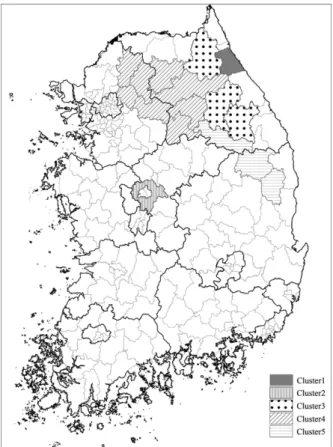 Figure 1. Spatial distribution of  Pinus koraiensis based on climate cluster analysis.