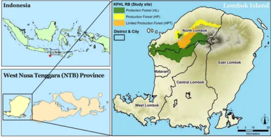 Figure 1. Location maps of the KPHL RB in NTB province, Indonesia (Bae et al., 2014).