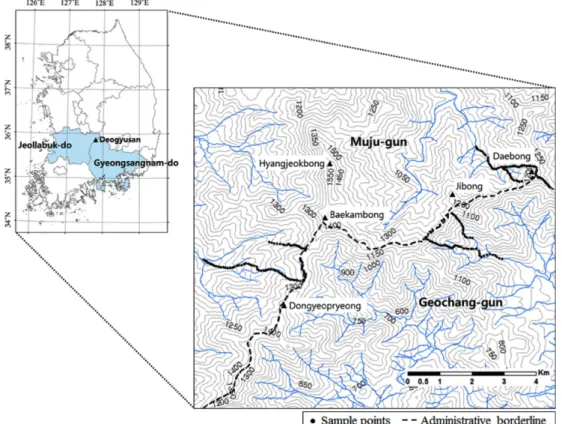 Figure 1. Location of the research area in Mt. Deogyu. The sample points(black dots) were evenly distributed in the valley, slope and ridge.