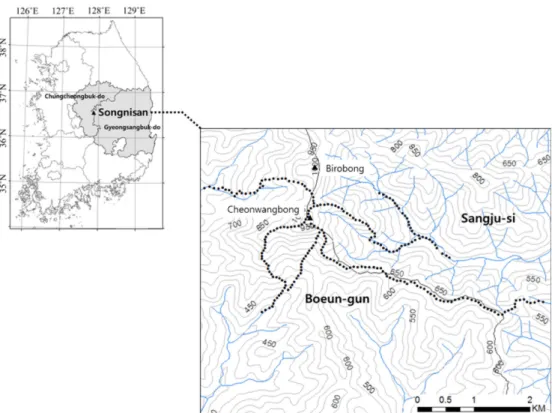 Figure 1. Location of the study area in Songnisan. The sample point (black dots) were evenly distributed in the valley, mid-slope, and ridge.