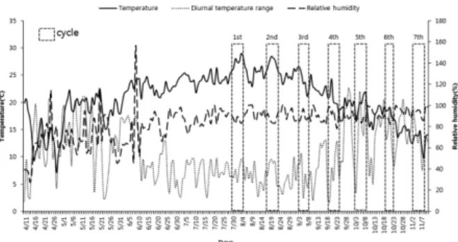 Figure 12. Daily temperature differences inside of cultivation shed and  Lentinula edodes yield.