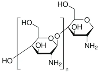 Figure  1.  Constitutional  formula  chitosan  (deacetylated  chitin,  Poly[D-glucosamine])  used  in  this  experiment  with  low  molecular  weight  (50,000-190,000  Da) 