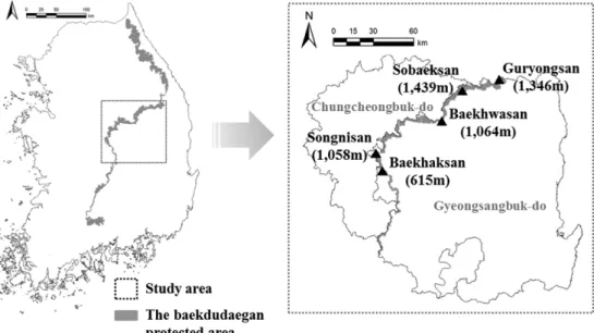 Figure 1. Location of study area : the middle part of Baekdudaegan. 
