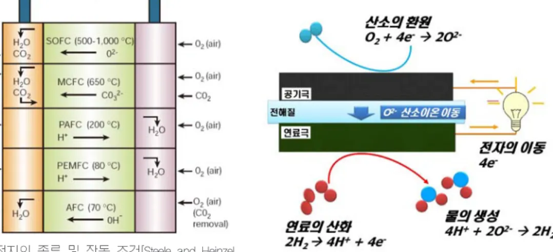 그림 1. 연료전지의 종류 및 작동 조건[Steele and Heinzel,