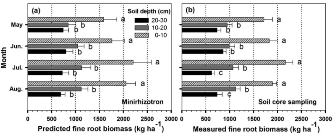 Figure 2. Comparison of fine root biomass distribution in  Pinus densiflora stands obtained from minirhizotrons (a) and soil core sampling (b) from May to August, 2012