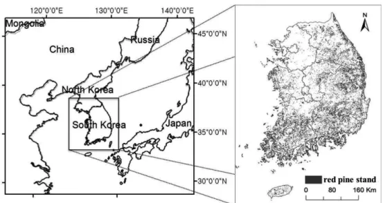 Table 1. Descriptive statistics of the size, and topographic and climatic factors of  Pinus densiflora in sample plots