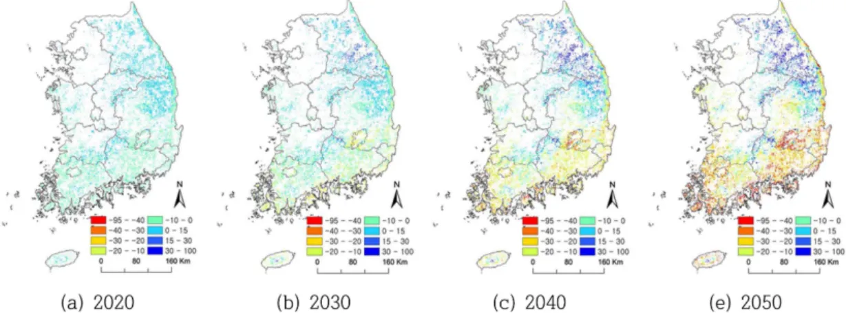 Figure 6. Estimated change in  Pinus densiflora forest volume (m 3 /ha) from 2010 to 2050.