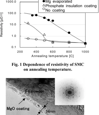 Fig. 2 Typical TEM image and diffraction pattern of  MgO coated powder. 