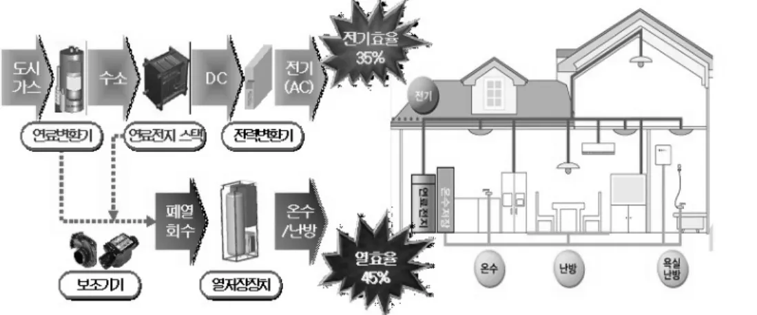 Figure 1.   가정용 연료전지의 주요 구성 부품 및 작동원리.