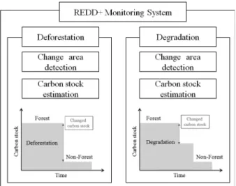 Figure 2. Fundamental structure of REDD+ monitoring system and difference between deforestation and degradation in carbon stock change.