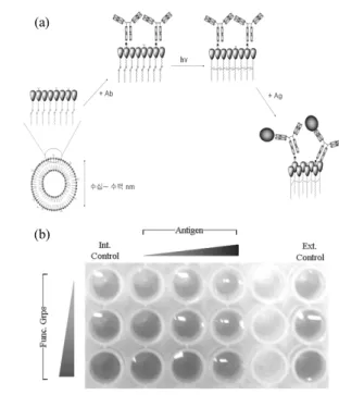 Figure 7.   색 전이 물질(PDA)을 이용한 단백질 칩. (a) PDA  단백질 칩의 모식도 및 작동원리, (b) 색 전이를 통한 항원  검출. 기술에 비해 녹색산업을 강조하는 현 시대에 부합 하여 수요가 급격히 증대될 것으로 예상된다