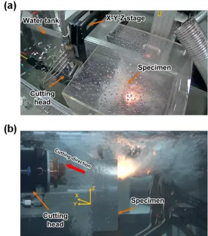 Fig. 1. Views of the underwater laser cutting experiment:  (a) whole view, (b) partial side view