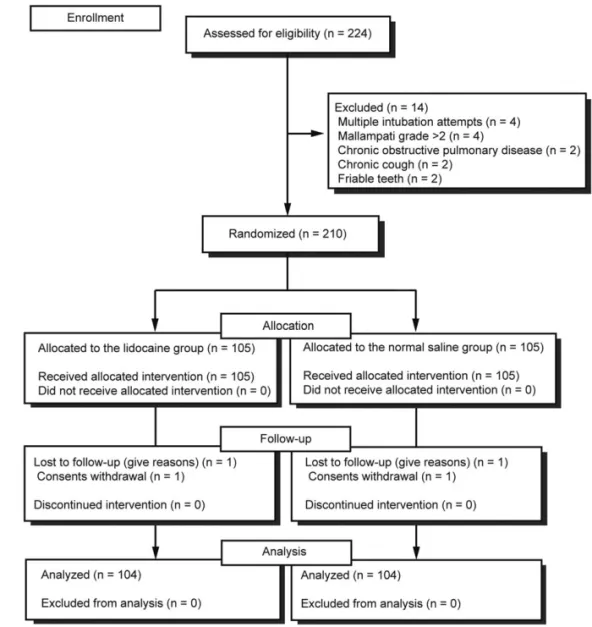 Figure 1. CONSORT diagram for the investigation. Two hundred ten patients were randomized and one patient in each group was excluded from ﬁnal analysis due to consent withdrawal.