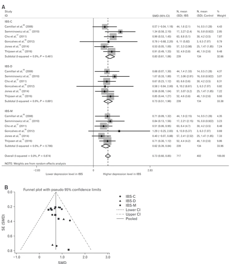 Figure 4.  Forest plot and funnel plot of depression levels in subtypes of irritable bowel syndrome (IBS)