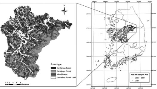 Figure 2. Forest tree species, age and crown density of Danyang.