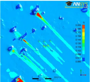Fig. 8 Turbulence intensity distribution (wind  direction of 315˚) 은  5 km 이상  지속되며  후방의  풍속에  영향을 미치고  있음을  쉽게  시각적으로  알  수  있다.Fig