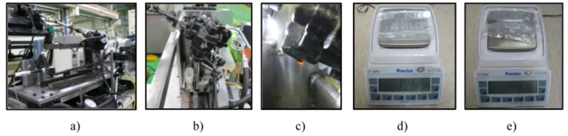 Figure 6. Tested ball and nut steering gear assembly: a) Sample mounted in test bench; b) leaked oil collection; c) oil leaking  location; d) weight measurement before oil leak; e) leaked oil weight 
