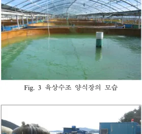 Fig. 3 육상수조 양식장의 모습  Fig. 4 양식장용 해수히트펌프의 모습 Fig. 5 필터의 오염사진 Fig. 6 판형열교환기 오염사진 해수 (5℃)와  열교환하여  약  9℃  정도가  된다