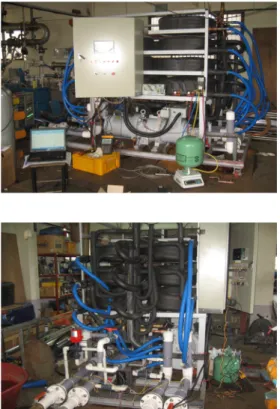Fig. 10 열교환기 자동세정장치 부착 히트펌프 4. 국내외 해수열원 히트펌프 적용사례 4.1  국내  적용사례 국내 양식장에서 해수열을 이용한 양식장용 히 트펌프는  전남대학교  오종택  교수팀이  1999∼ 2001년 사이 2년간 연구를 수행한 바 있으며,  개 발 시스템은 전남 여수의 서남해수어류 양식수산 업협동조합 소속의 어민 양식장(해원수산)  점농어  종묘생산에  가동시켜  기존  급수가열장치인  경유 보일러  시스템과  에너지소비량을  비교