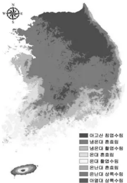 Figure 3. The Forest Distribution of (a) Near Future (2046-2065) under A2 Scenario, (b) Near Future (2046-2065) B1 scenario (c), Far Future(2080-2099) under A2 Scenario, (d) Far Future (2080-2099) under B1 Scenario.