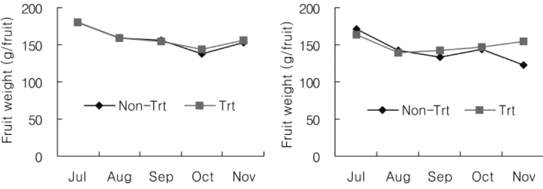 Fig.  3.  The  monthly  changes  of  fruit  weight  according  to  the  treatment  of  root-zone 
