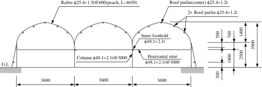 Fig.  2.  Configuration  and  dimension  of  rain-sheltering  greenhouse  to  be  analyzed(unit  :  ㎜).