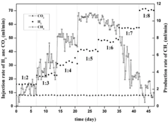 Figure 7. Methane production efficiency at vari- vari-ous ratios of CO 2  and H 2 .