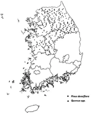Figure 1. Geographical distribution of sample plots by  Pinus densiflora  and  Quercus  spp