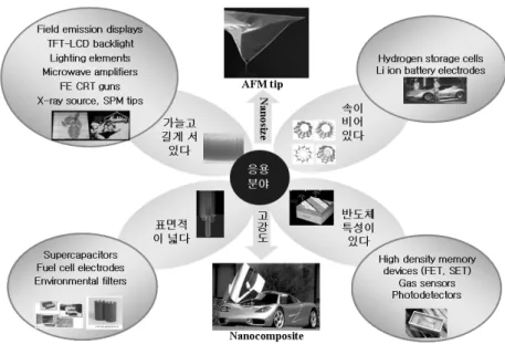 Figure 1. 탄소나노튜브를 이용한 각종 응용기술 개발. 가  크며  산업적으로  파급효과가  지대한  분야 로 우리나라의 산업구조 측면에서 보았을 때,  특히 평판 디스플레이 분야와 에너지 분야, 복 합재료 분야에 대한 탄소나노튜브의 응용개발 은 세계적으로 경쟁력을 가질 수 있을 것으로  예측된다