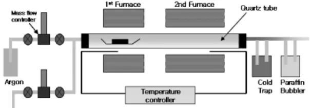 Figure  5.  탄소나노튜브  합성을  위한  열화학기상 증착 장치 개략도. 유기금속화합물로서  Fe(CO) 5  혹은  Ferrocene 등을 반응로에 동시에 흘려줌으로써 탄소나노 튜브 합성이 시작된다