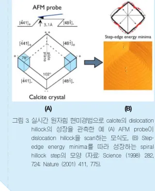 그림 3. 실시간 원자힘 현미경법으로 calcite의 dislocation hillock의 성장을 관측한 예 (A)  AFM  probe이 dislocation  hillock을 scan하는 모식도,  (B)   Step-edge  energy  minima를 따라 성장하는 spiral hillock  step의 모양 (자료:  Science  (1998)  282, 724; Nature (2001) 411, 775).