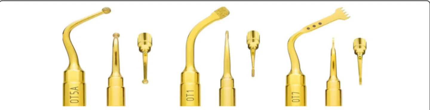 Fig. 1 The piezosurgery tips used in this study are OT1, OT7, and OT5A